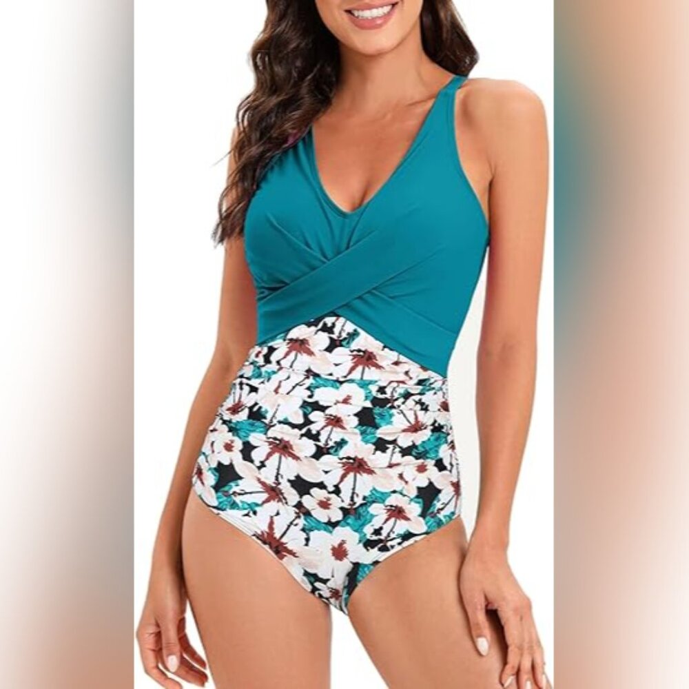 American Trends Teal Floral Color Block Front Cross One Piece Swimsuit Size XL
